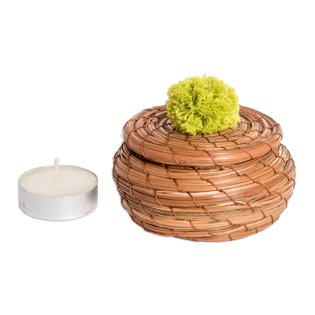 Handwoven Pine Needle Basket with Kiwi Cotton Pompom - Treasures in Kiwi
