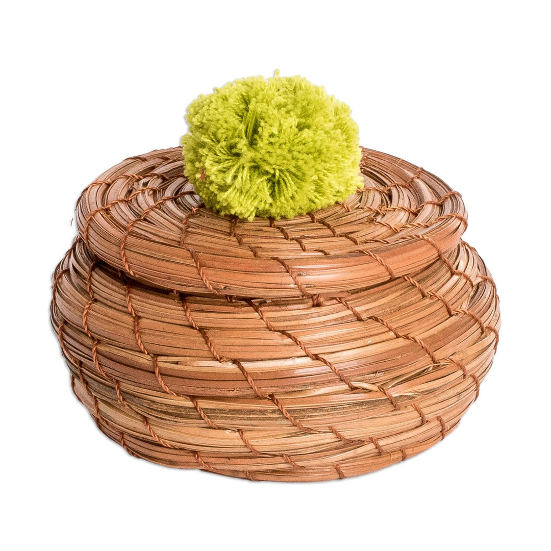 Handwoven Pine Needle Basket with Kiwi Cotton Pompom - Treasures in Kiwi