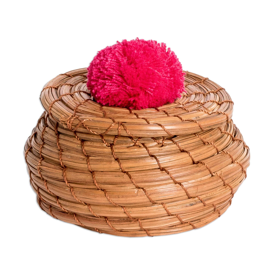 Handwoven Pine Needle Basket with Azalea Cotton Pompom - Treasures in Azalea