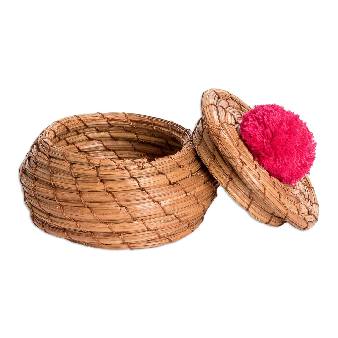 Handwoven Pine Needle Basket with Azalea Cotton Pompom - Treasures in Azalea