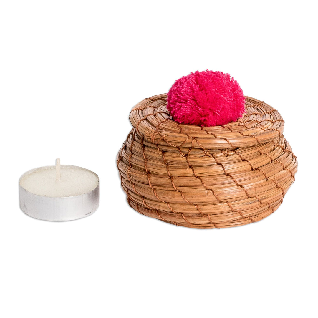Handwoven Pine Needle Basket with Azalea Cotton Pompom - Treasures in Azalea