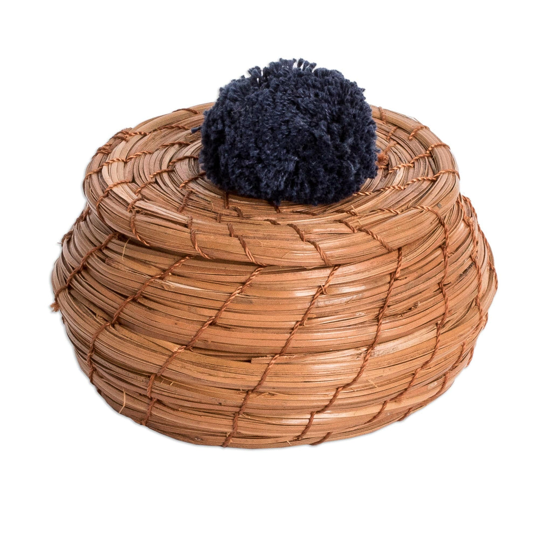 Handwoven Pine Needle Basket with Navy Cotton Pompom - Treasures in Navy
