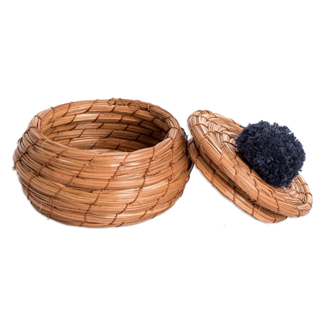 Handwoven Pine Needle Basket with Navy Cotton Pompom - Treasures in Navy