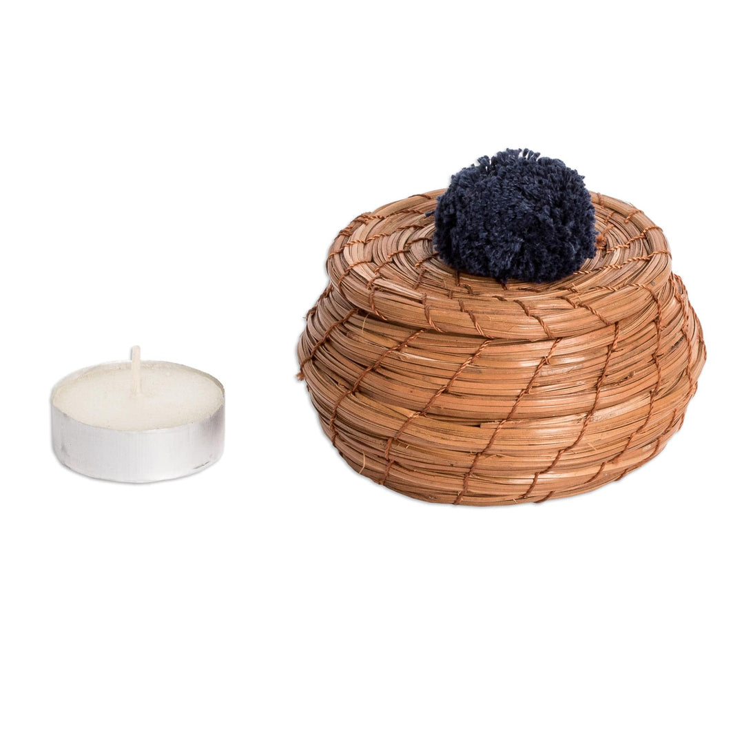 Handwoven Pine Needle Basket with Navy Cotton Pompom - Treasures in Navy
