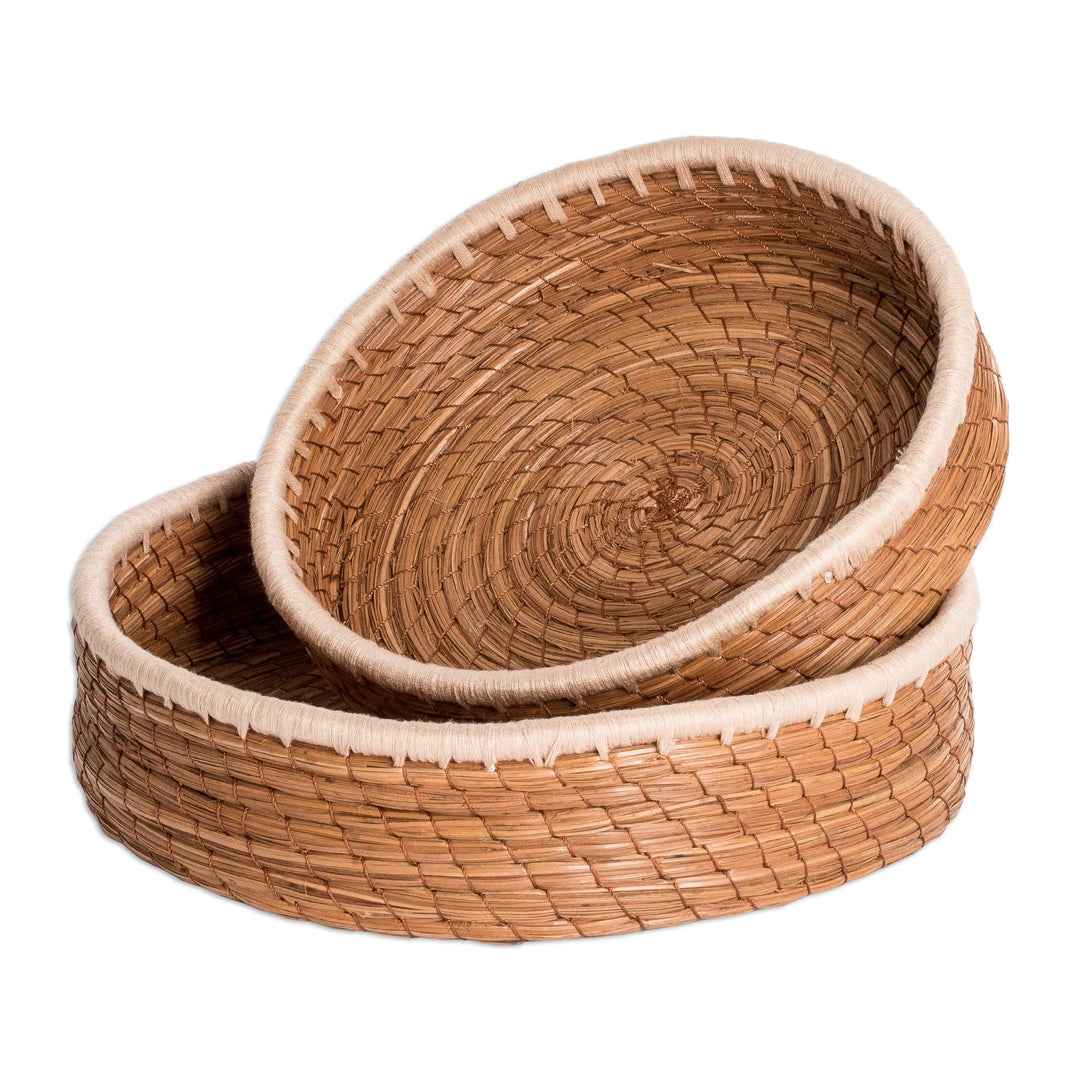Set of 2 Woven Spiral Pine Needle Baskets with Ivory Trim - Ivory Lands