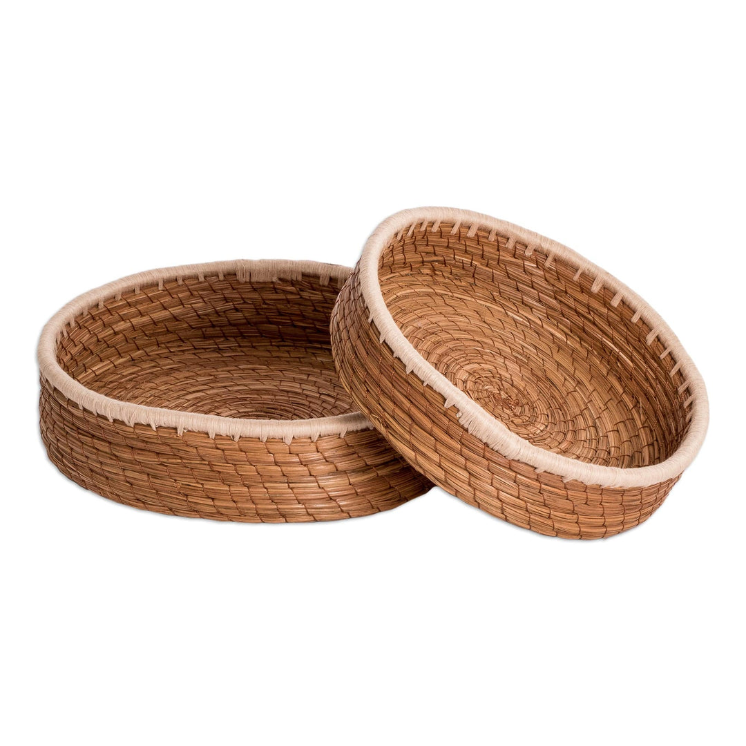 Set of 2 Woven Spiral Pine Needle Baskets with Ivory Trim - Ivory Lands