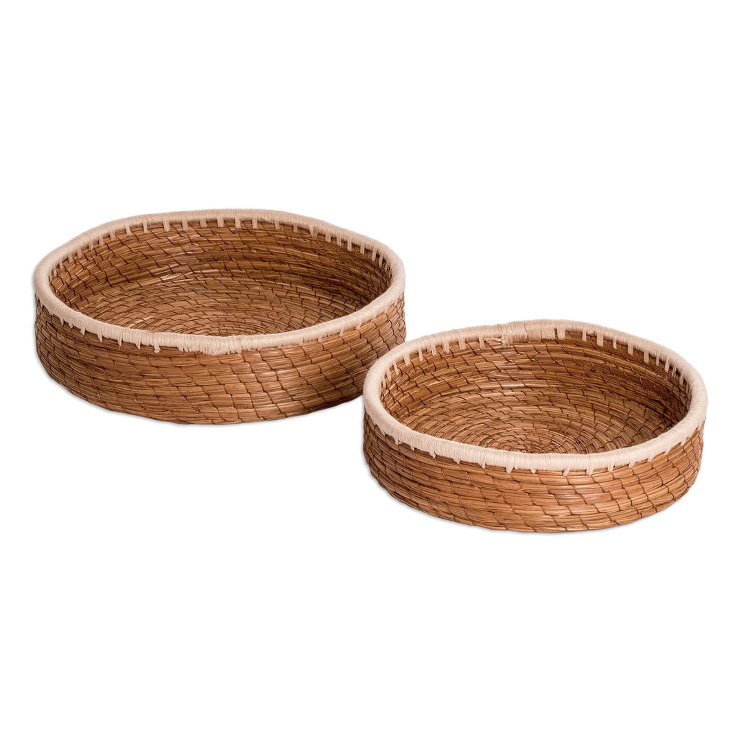 Set of 2 Woven Spiral Pine Needle Baskets with Ivory Trim - Ivory Lands