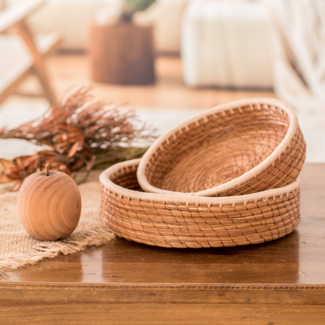 Set of 2 Woven Spiral Pine Needle Baskets with Ivory Trim - Ivory Lands