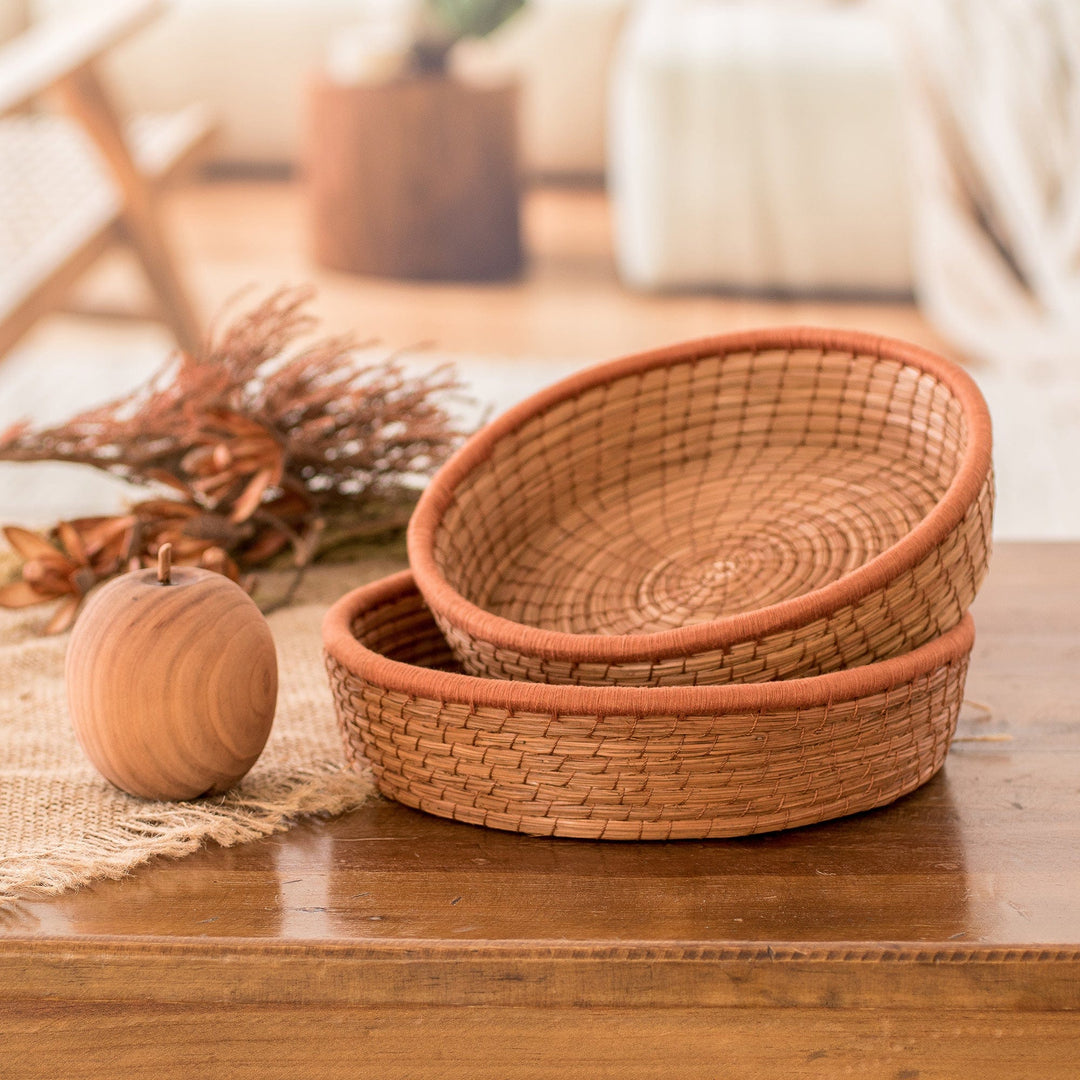 Set of 2 Woven Spiral Pine Needle Baskets with Ginger Trim - Ginger Lands