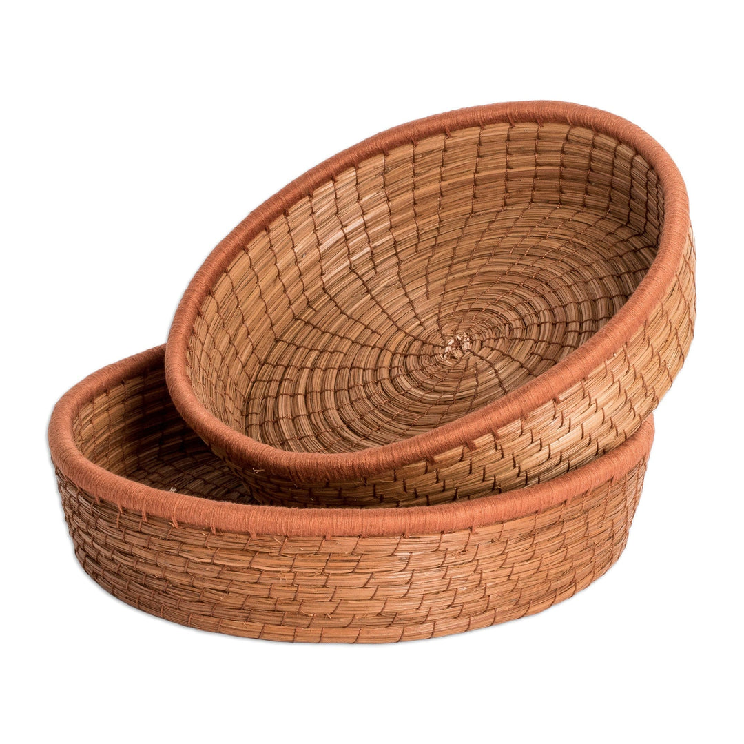 Set of 2 Woven Spiral Pine Needle Baskets with Ginger Trim - Ginger Lands