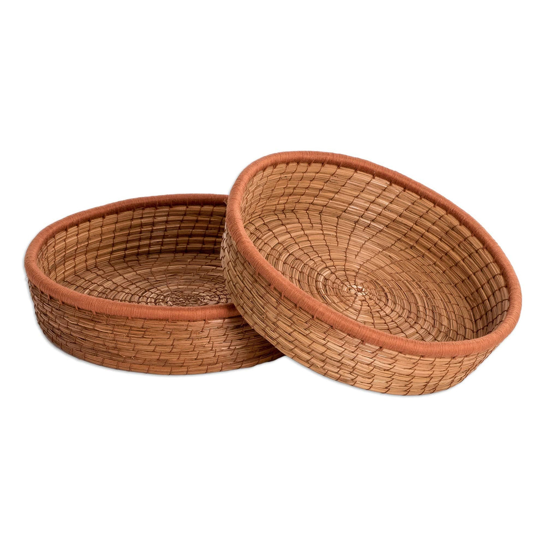 Set of 2 Woven Spiral Pine Needle Baskets with Ginger Trim - Ginger Lands