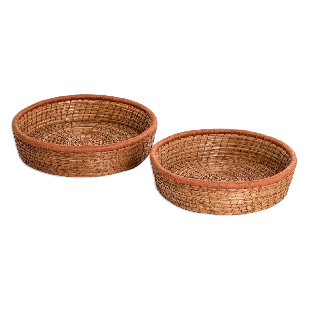 Set of 2 Woven Spiral Pine Needle Baskets with Ginger Trim - Ginger Lands