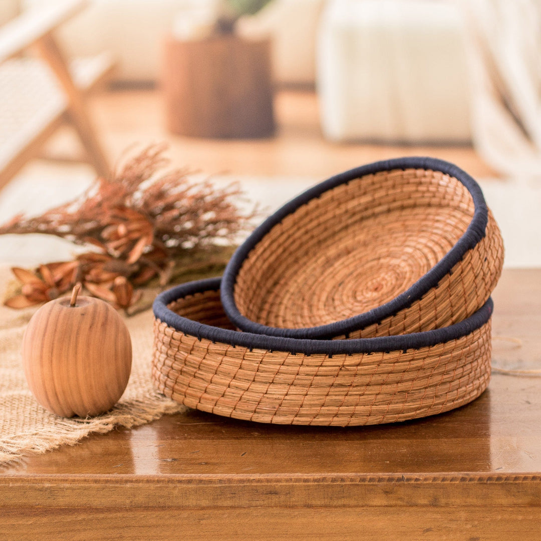 Set of 2 Woven Spiral Pine Needle Baskets with Midnight Trim - Midnight Lands