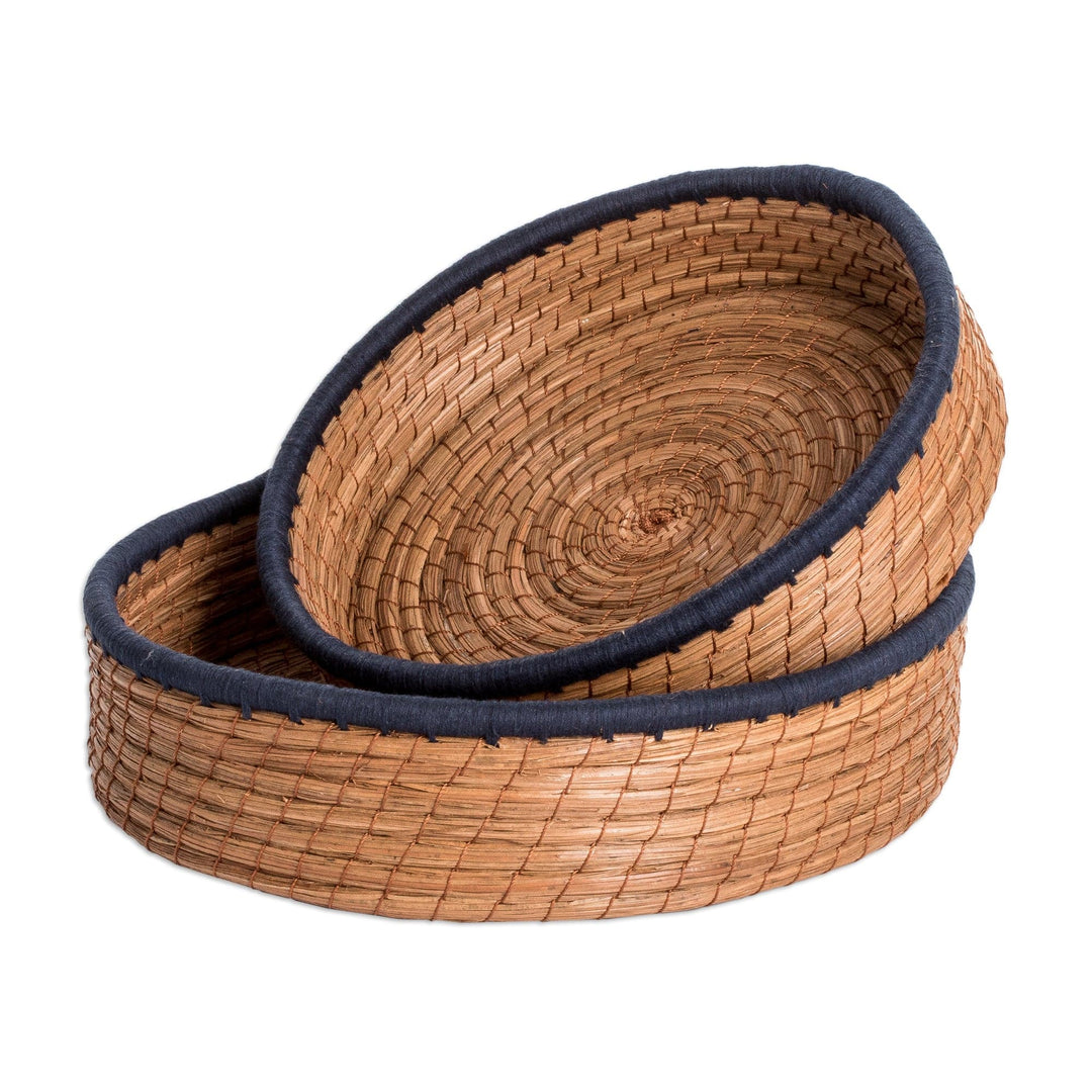 Set of 2 Woven Spiral Pine Needle Baskets with Midnight Trim - Midnight Lands