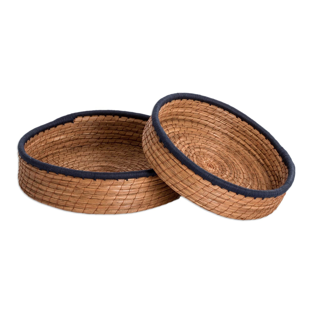 Set of 2 Woven Spiral Pine Needle Baskets with Midnight Trim - Midnight Lands