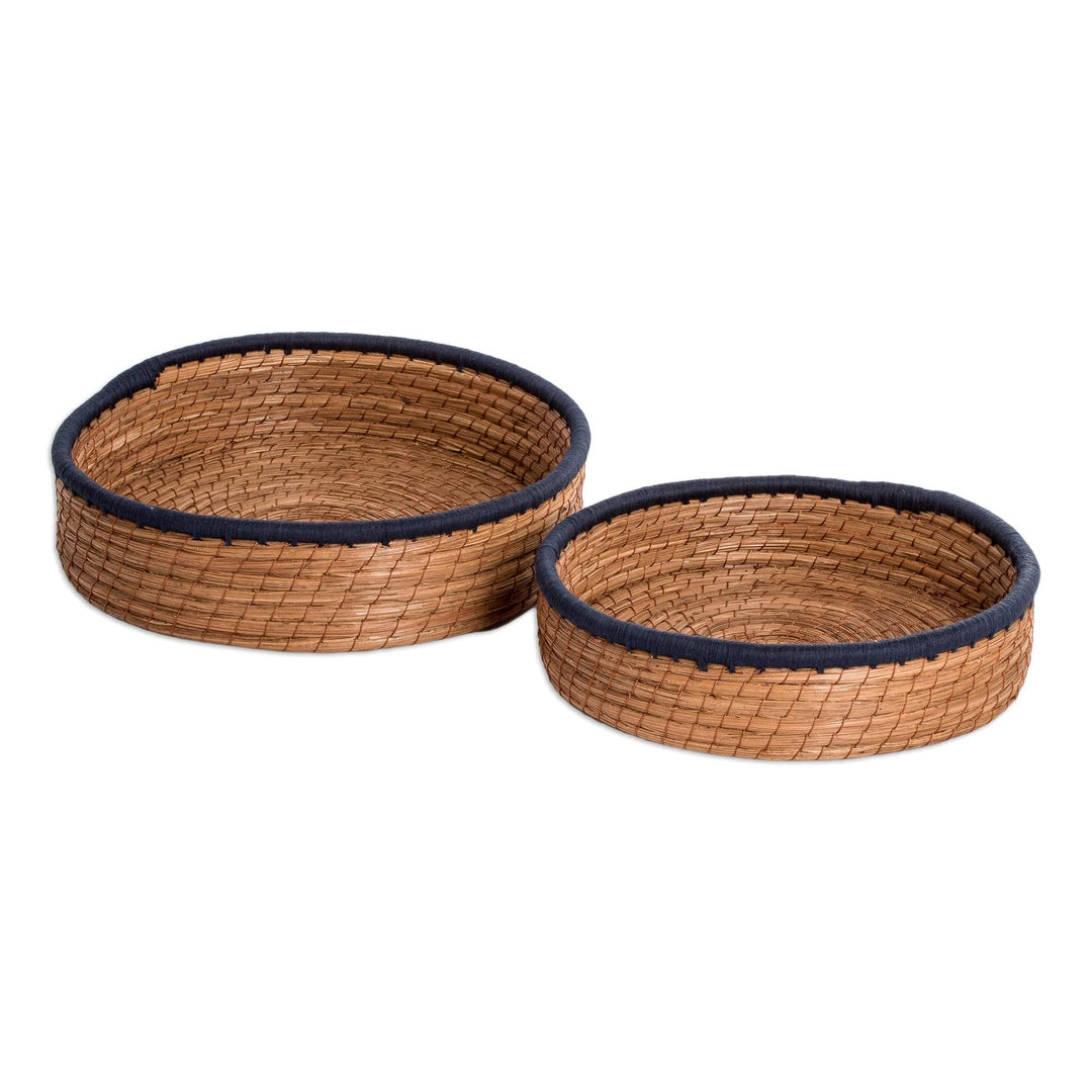 Set of 2 Woven Spiral Pine Needle Baskets with Midnight Trim - Midnight Lands