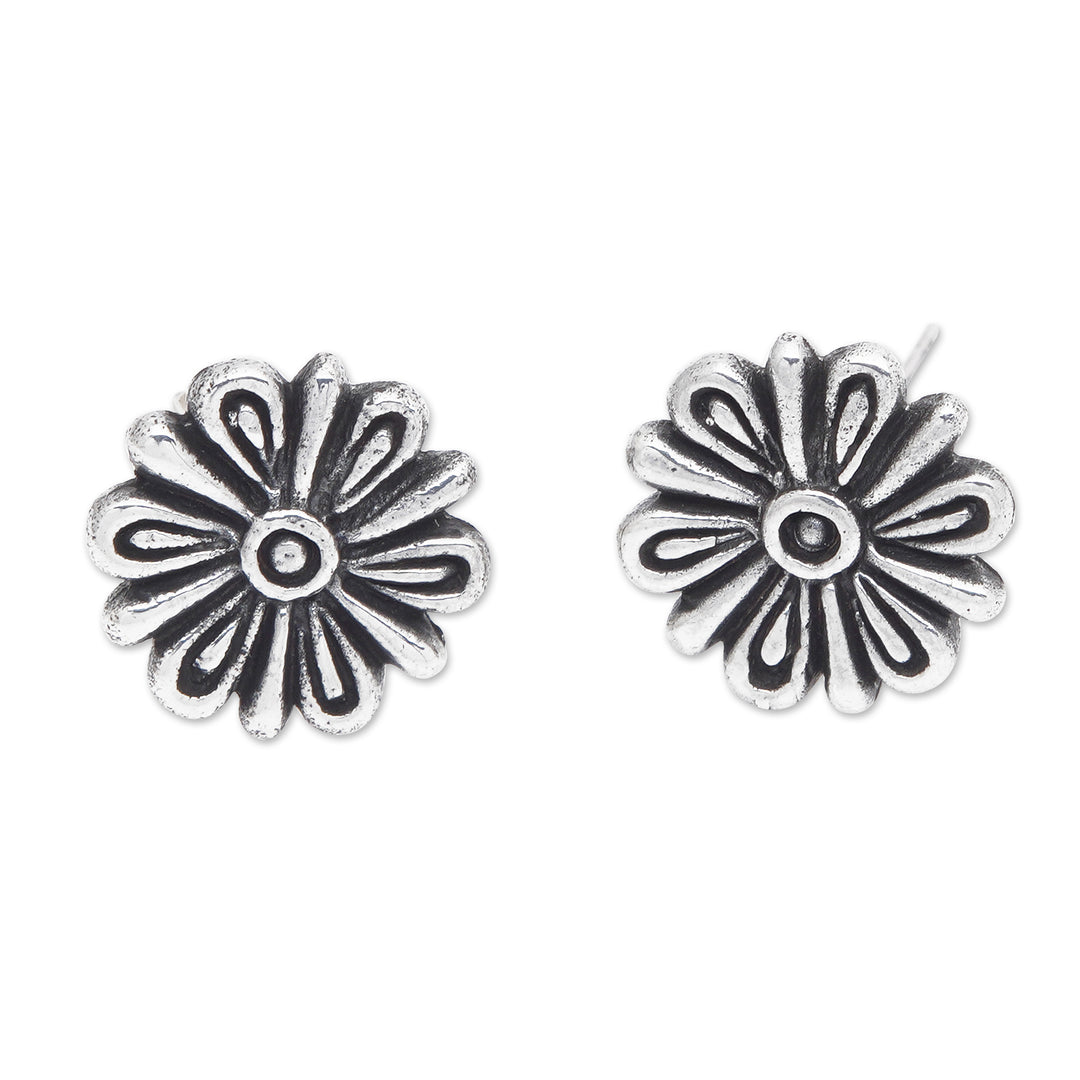 Polished and Oxidized Floral Sterling Silver Dangle Earrings - Blooming Child