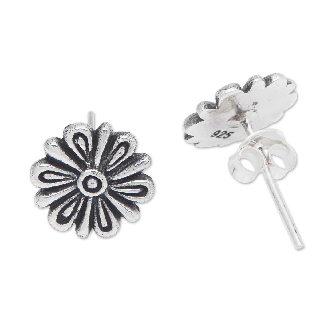 Polished and Oxidized Floral Sterling Silver Dangle Earrings - Blooming Child