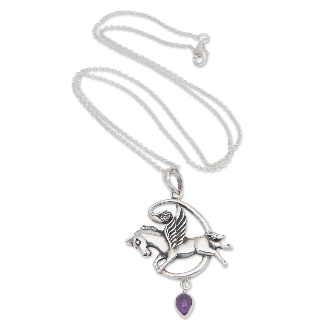 Sterling Silver and Amethyst Pegasus Pendant Necklace - Pegasus Heaven