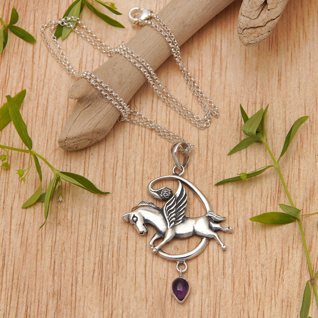 Sterling Silver and Amethyst Pegasus Pendant Necklace - Pegasus Heaven