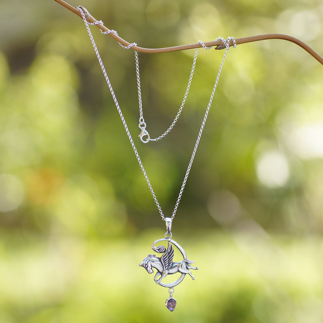 Sterling Silver and Amethyst Pegasus Pendant Necklace - Pegasus Heaven