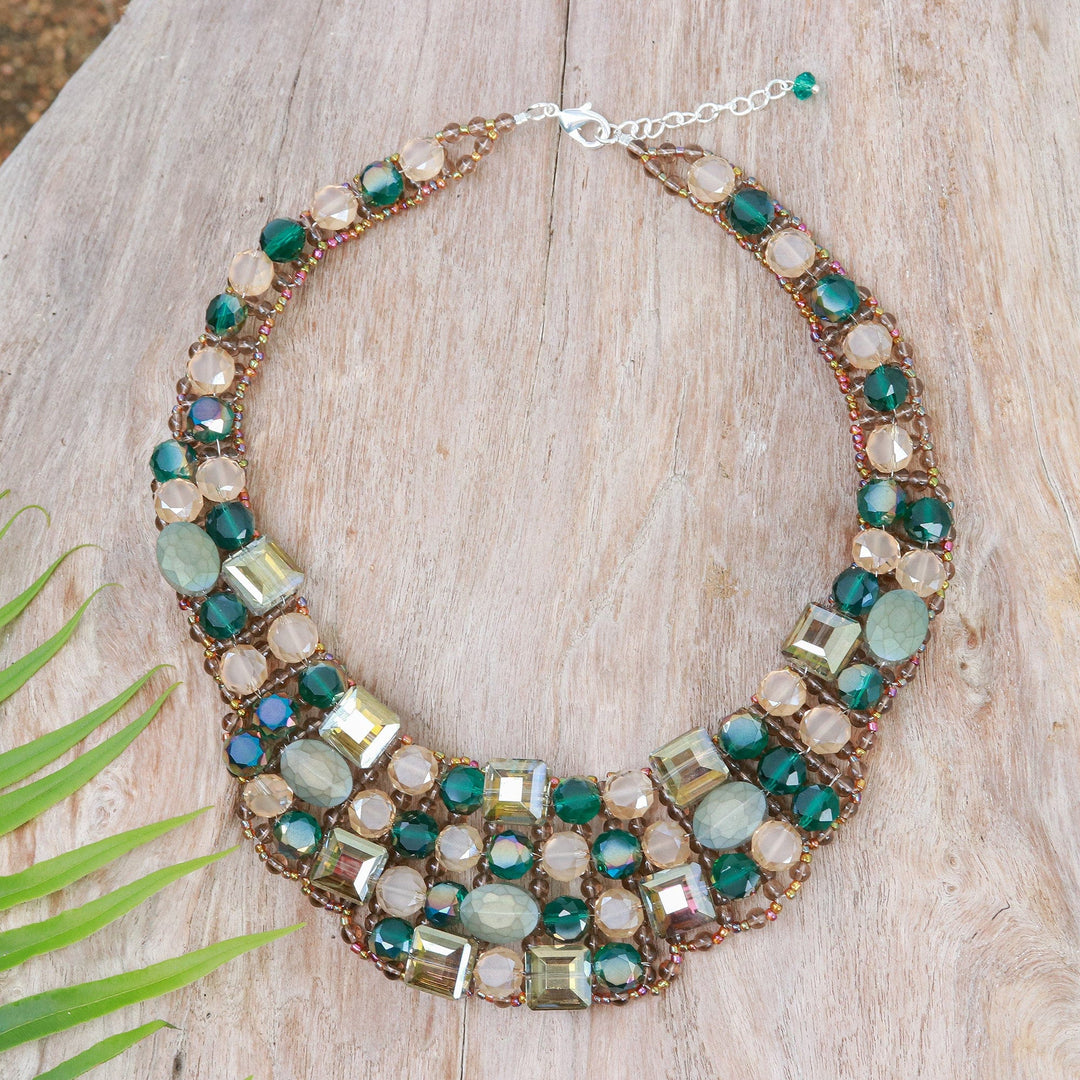 Green Glass Beaded Choker Necklace Handmade in Thailand - Crystallized Green Nights