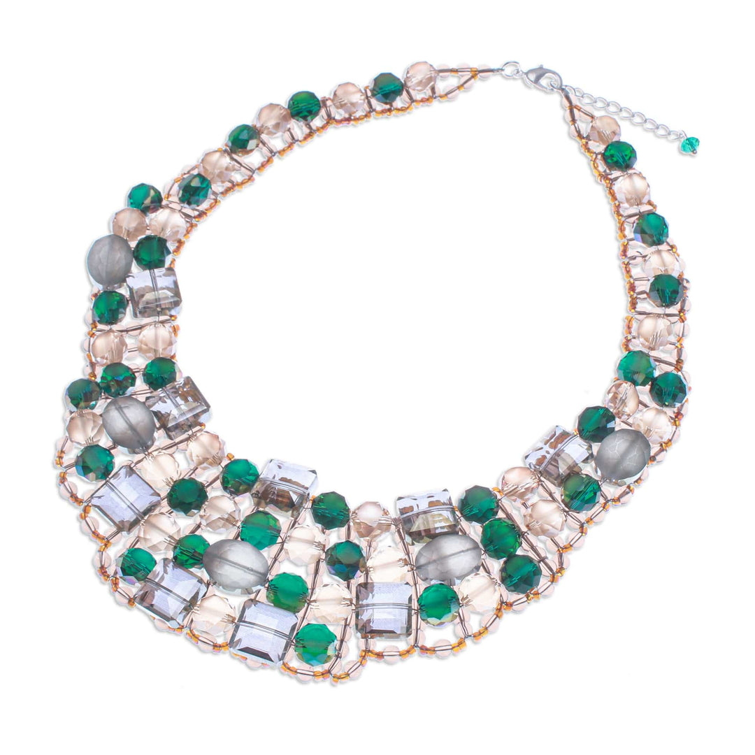 Green Glass Beaded Choker Necklace Handmade in Thailand - Crystallized Green Nights
