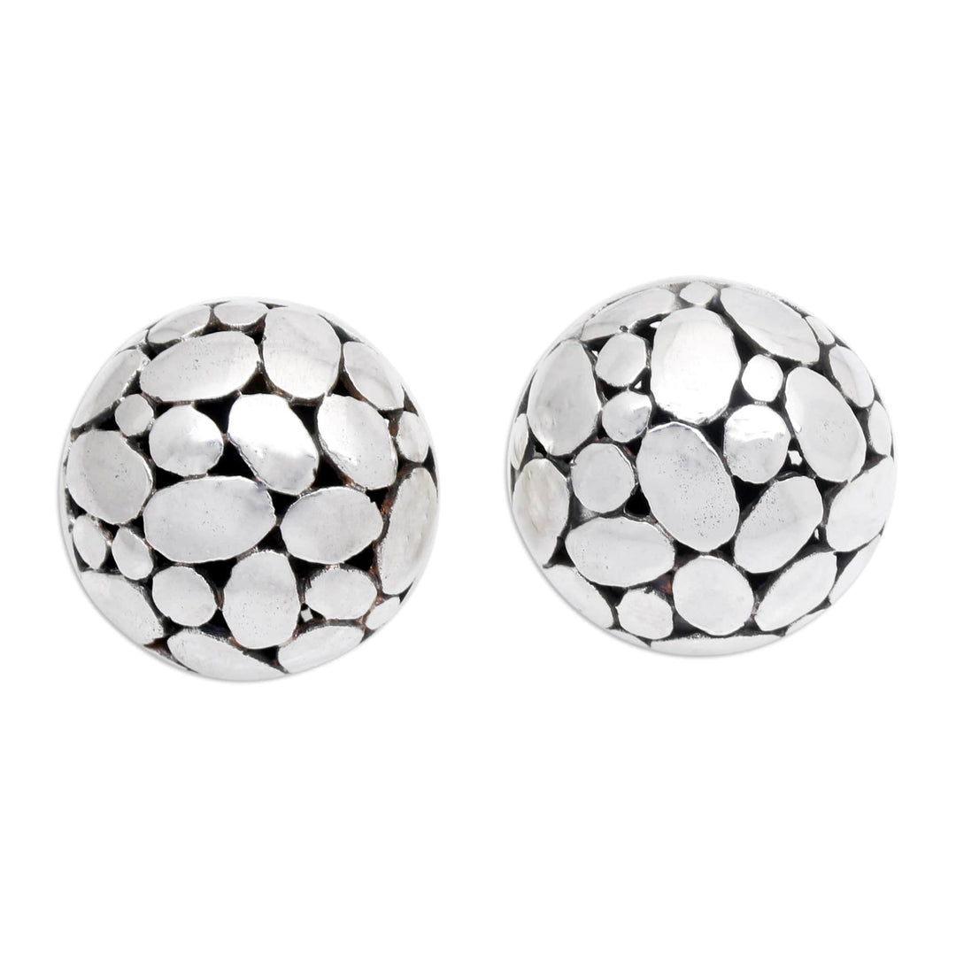 Bubble-Patterned Sterling Silver Button Earrings from Bali - Oval World