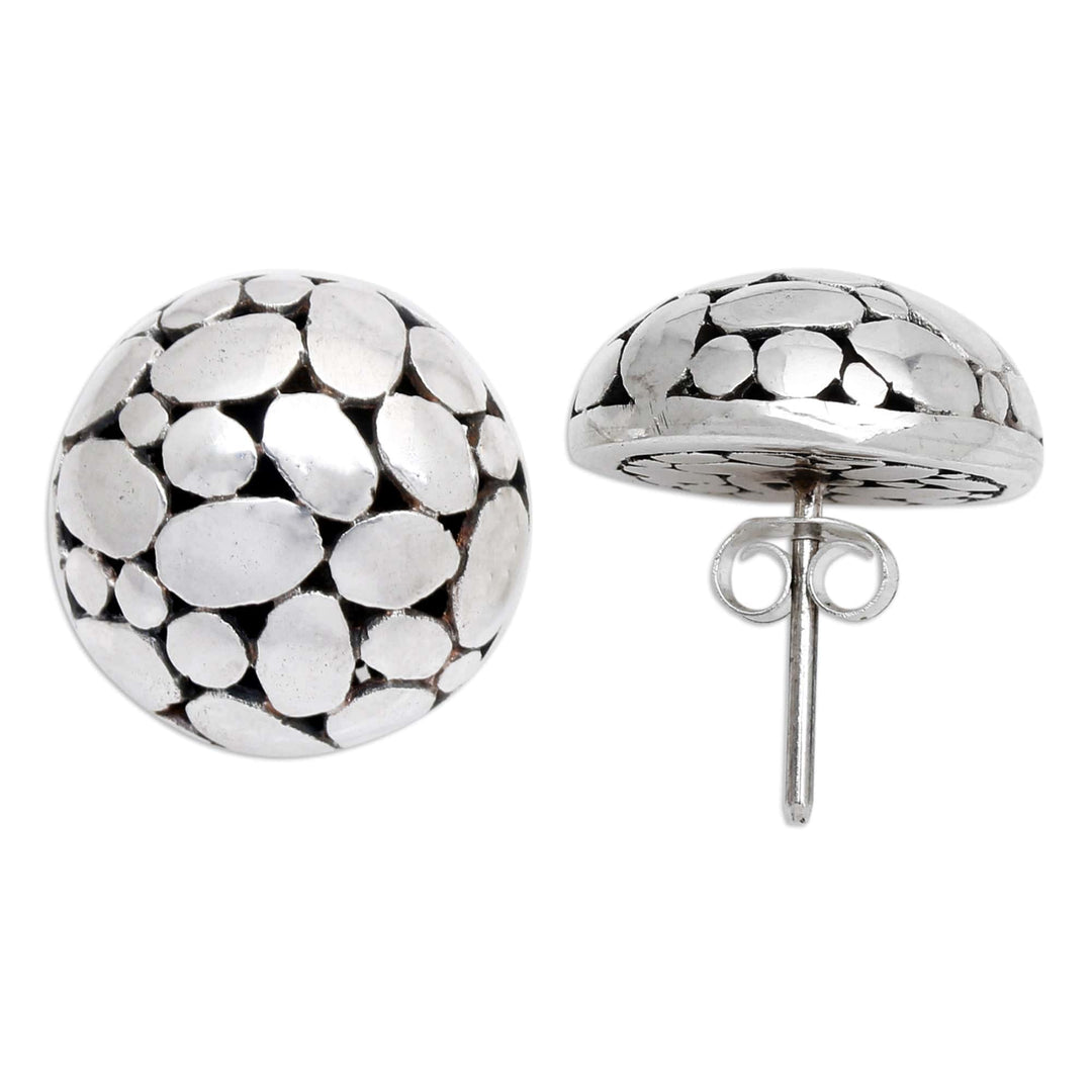 Bubble-Patterned Sterling Silver Button Earrings from Bali - Oval World