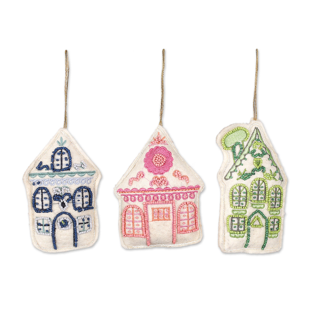 Set of 3 Beaded and Embroidered Gingerbread House Ornaments - Frosted Alleys
