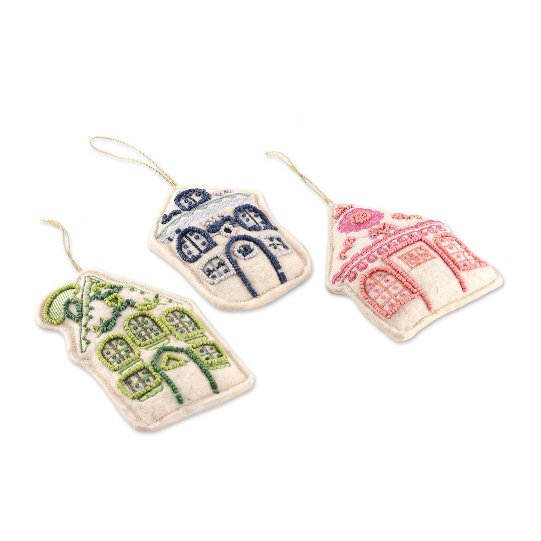Set of 3 Beaded and Embroidered Gingerbread House Ornaments - Frosted Alleys