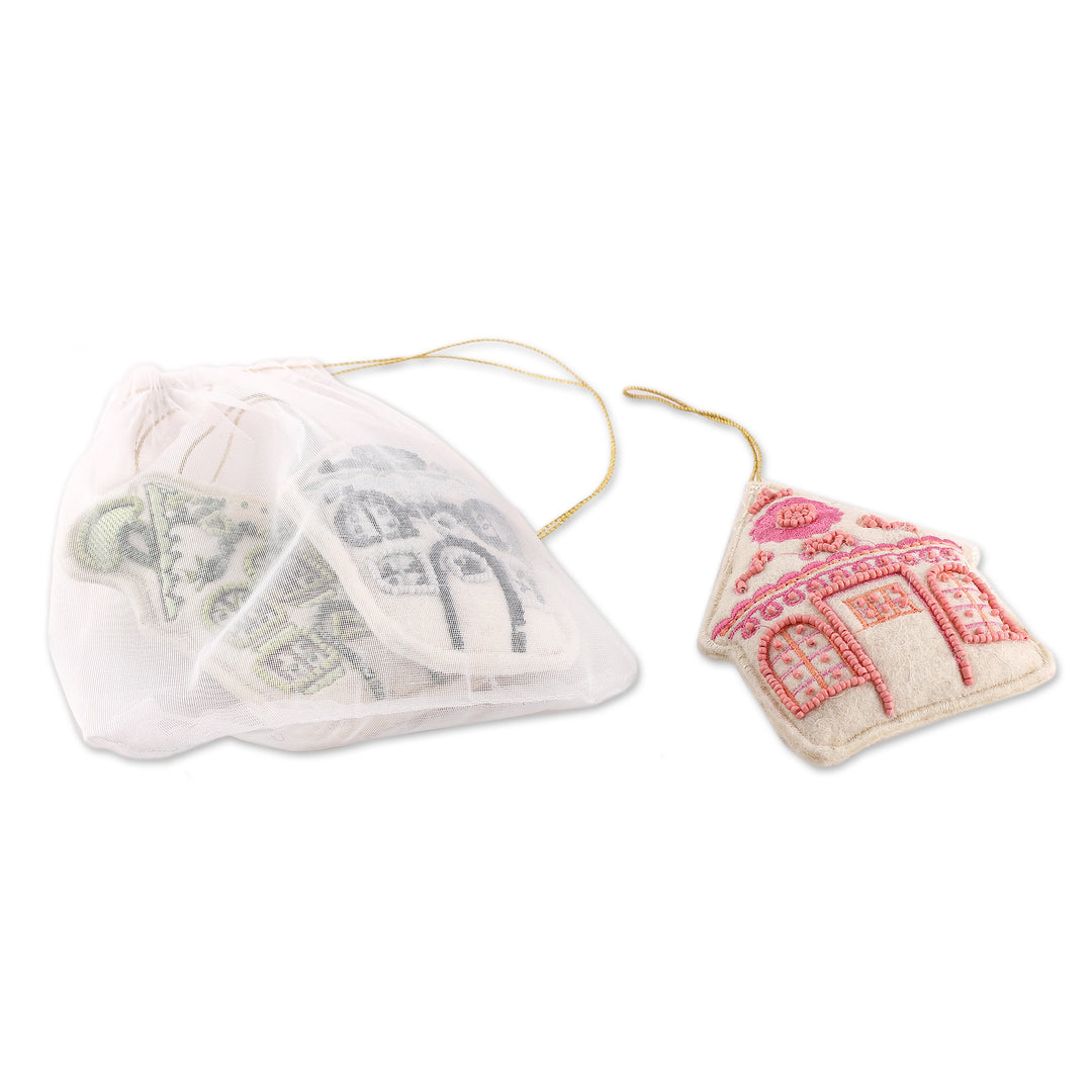 Set of 3 Beaded and Embroidered Gingerbread House Ornaments - Frosted Alleys