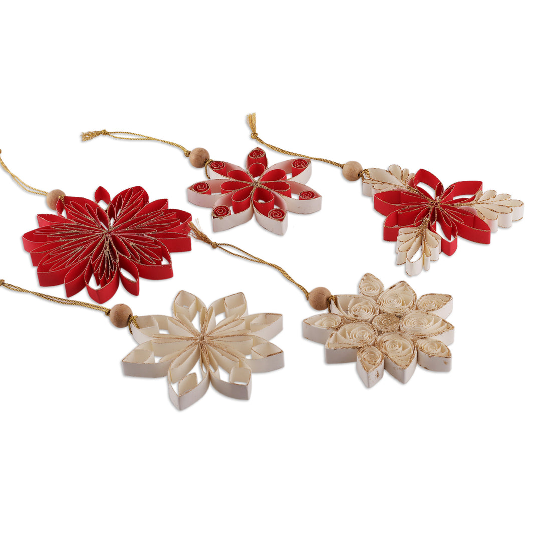 Set of 5 Christmas-Themed Floral Glittering Paper Ornaments - Christmas Blossoms