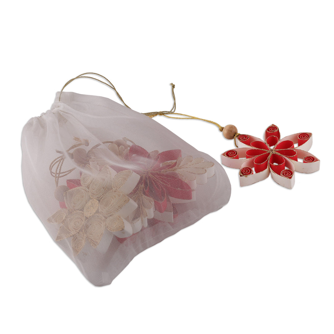 Set of 5 Christmas-Themed Floral Glittering Paper Ornaments - Christmas Blossoms