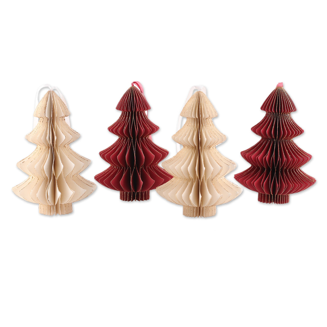 Set of 4 Tree-Shaped Paper Christmas Ornaments with Glitter - Classic Christmas