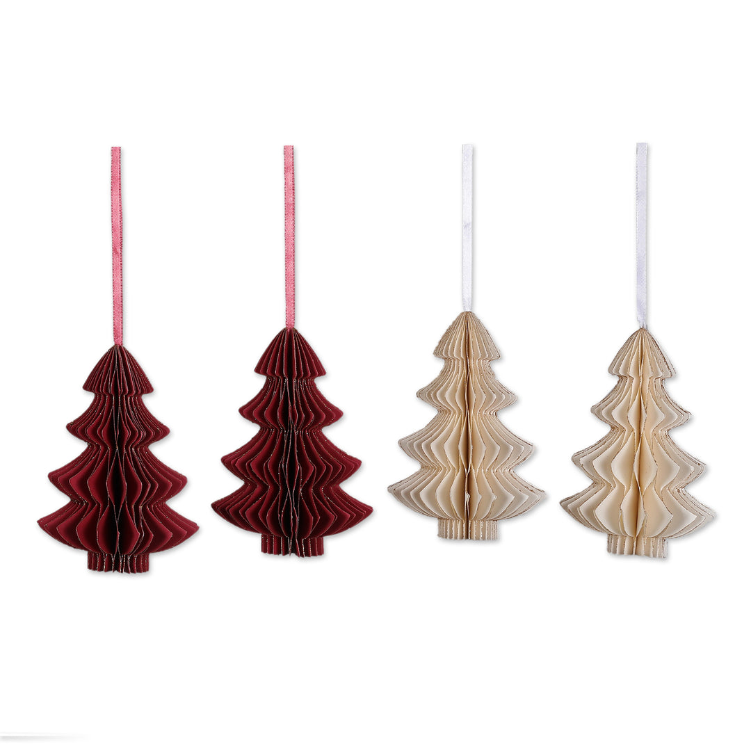Set of 4 Tree-Shaped Paper Christmas Ornaments with Glitter - Classic Christmas