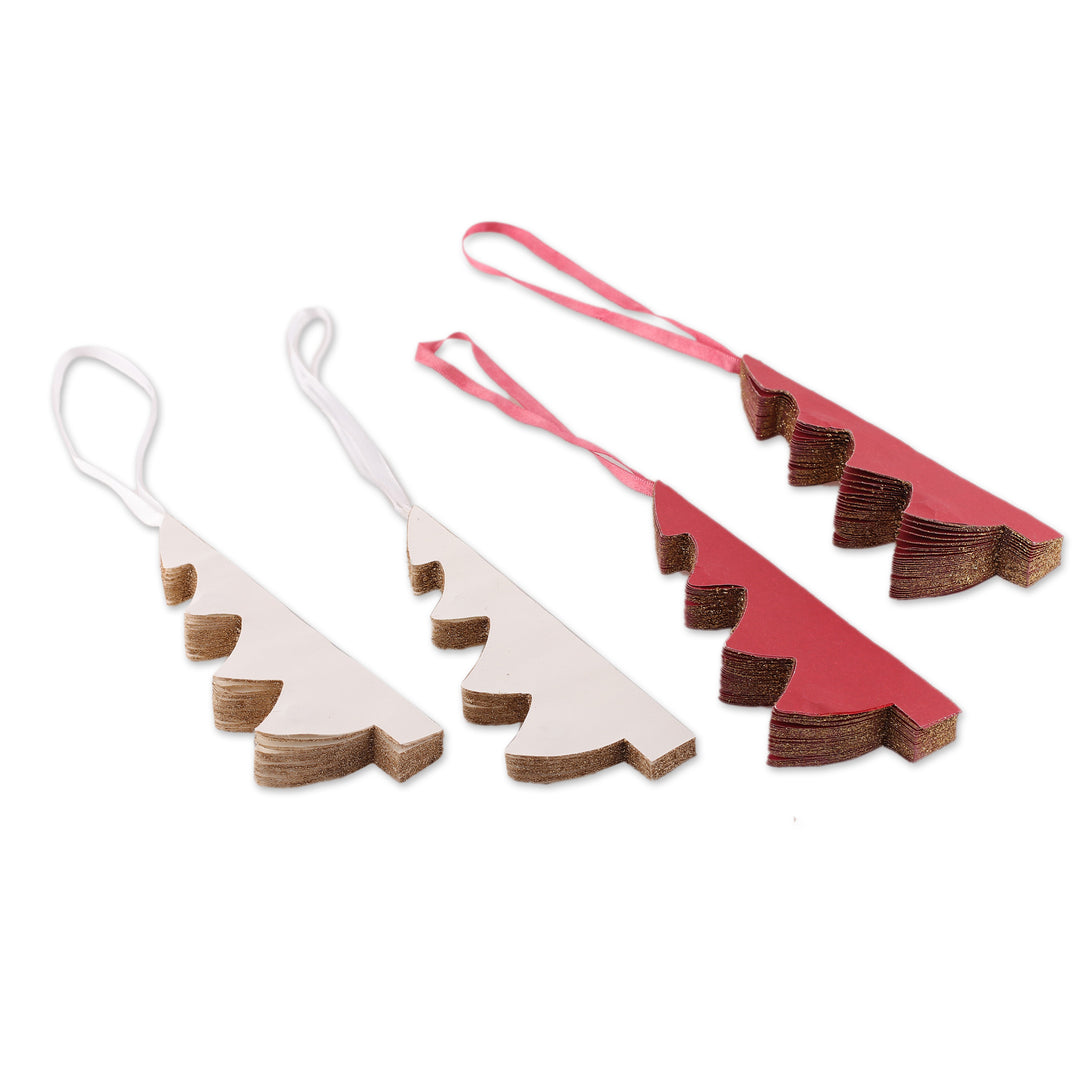 Set of 4 Tree-Shaped Paper Christmas Ornaments with Glitter - Classic Christmas