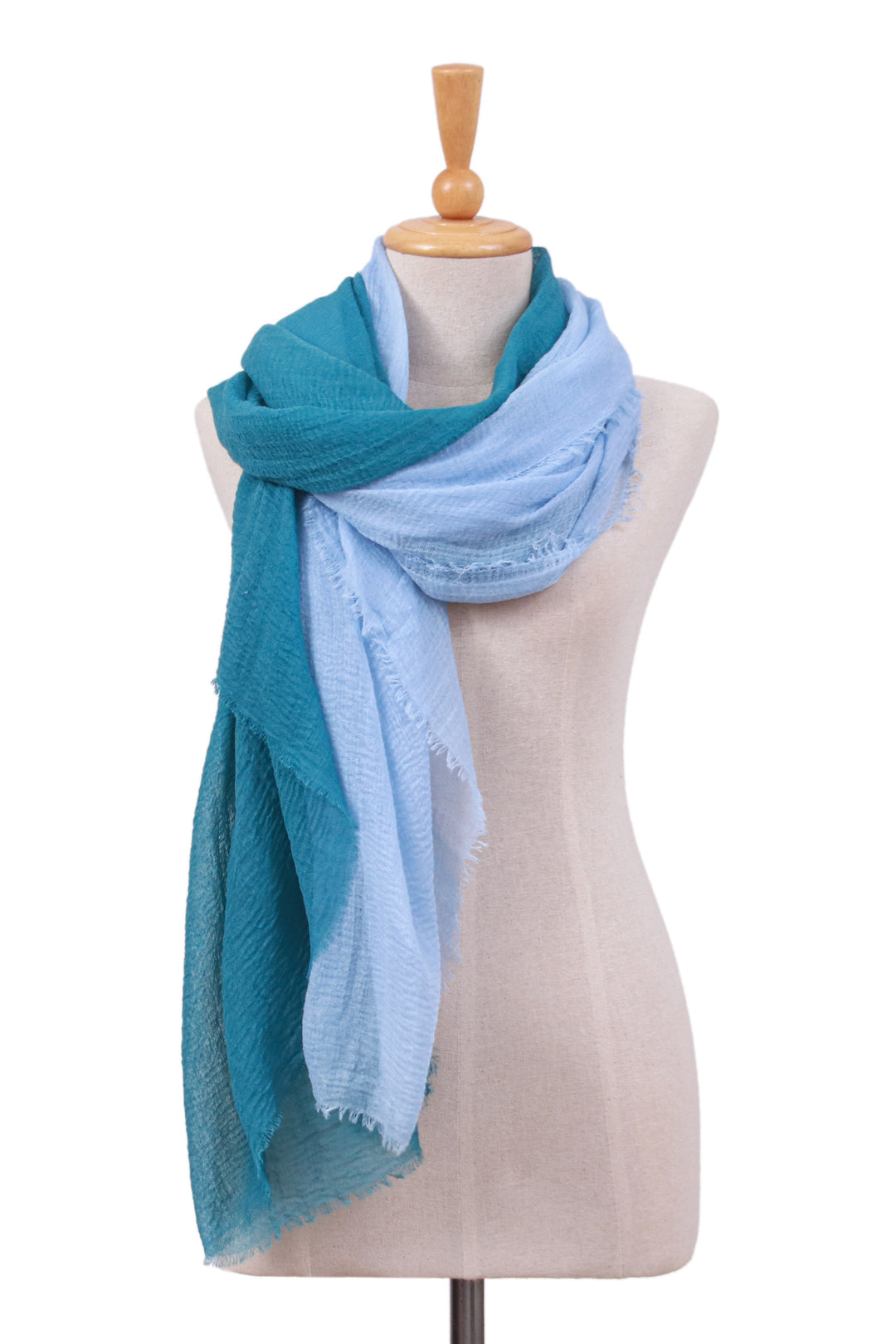 Set of 2 Handwoven Soft Sky Blue and Teal Cotton Scarves - Teal Winds