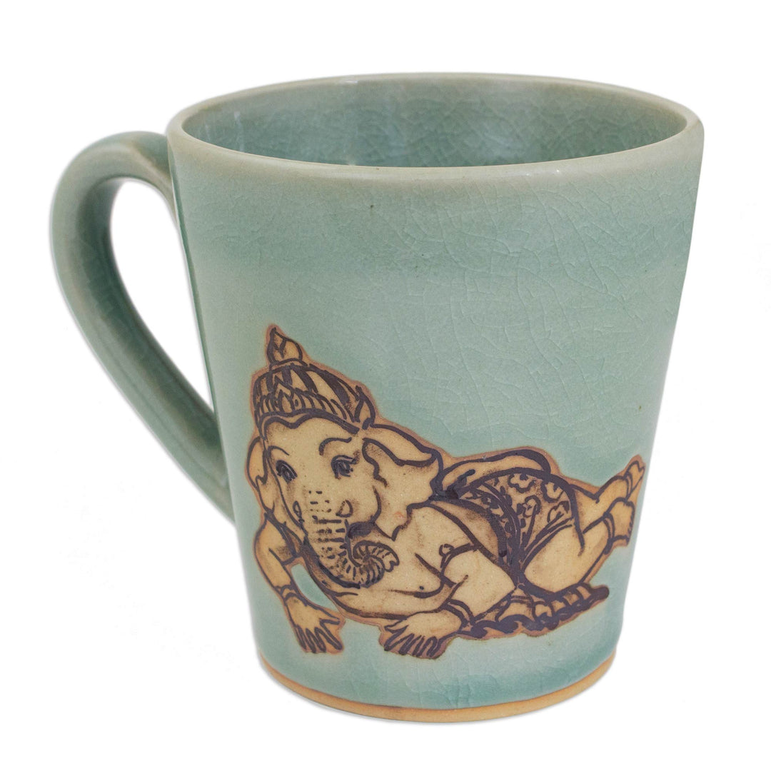 Light Blue Celadon Ceramic Resting Ganesha Mug from Thailand - Resting Ganesha