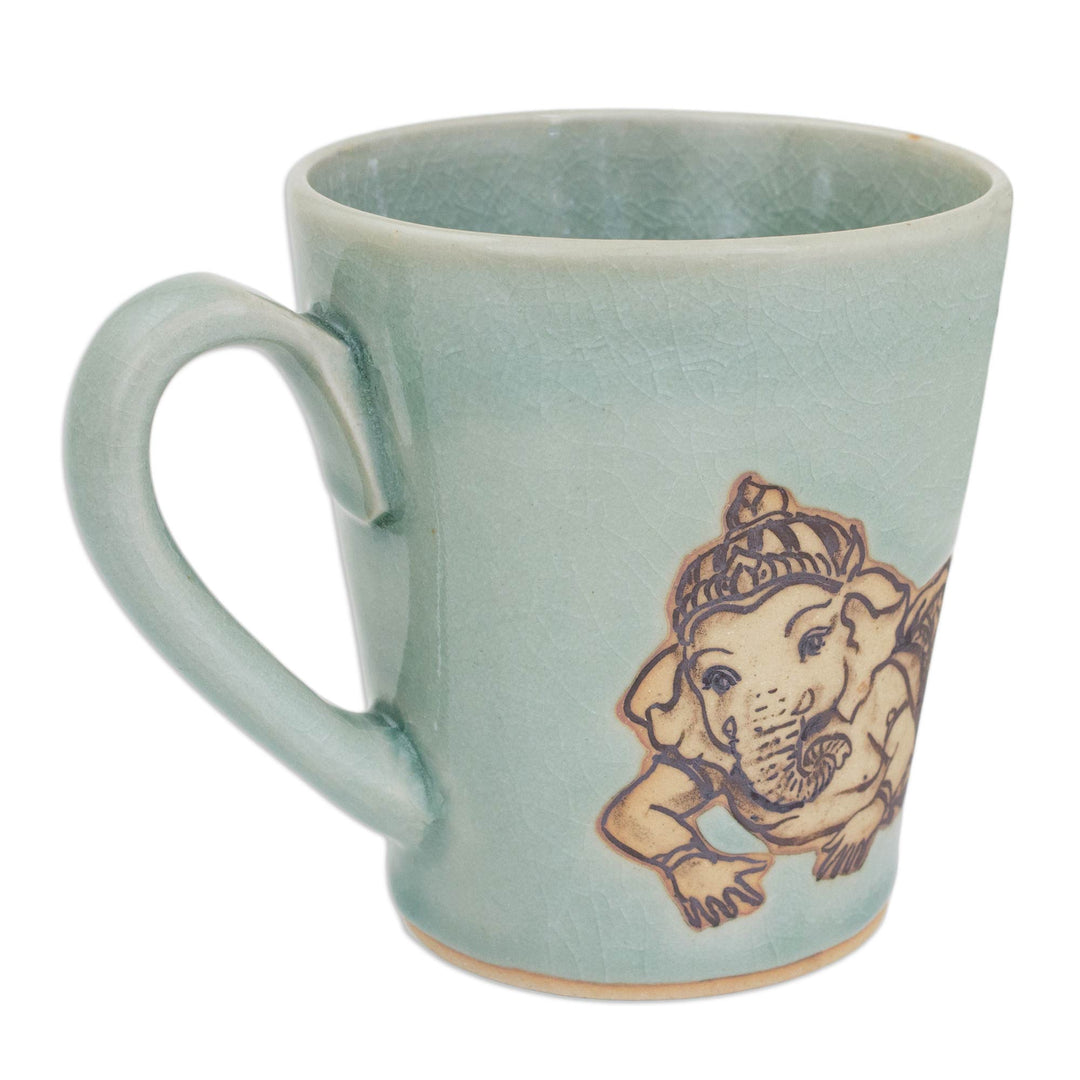 Light Blue Celadon Ceramic Resting Ganesha Mug from Thailand - Resting Ganesha