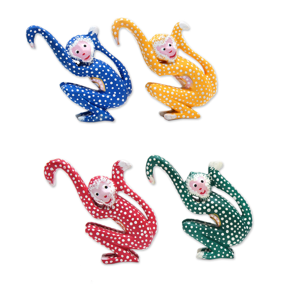 Set of 4 Painted Tropical Albesia Wood Monkey Ornaments - Jumping Monkeys