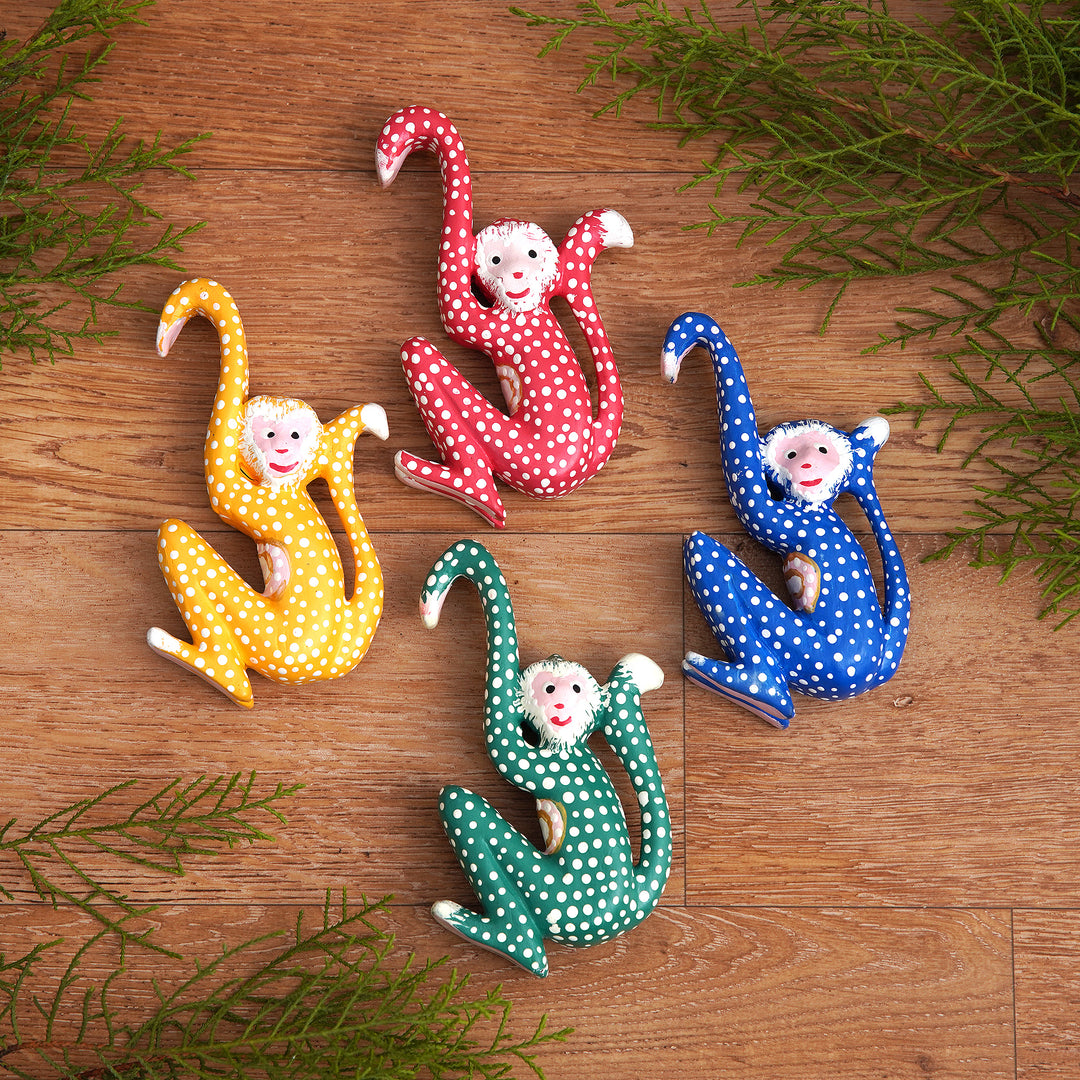 Set of 4 Painted Tropical Albesia Wood Monkey Ornaments - Jumping Monkeys