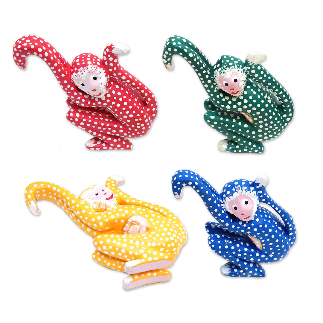 Set of 4 Painted Tropical Albesia Wood Monkey Ornaments - Jumping Monkeys