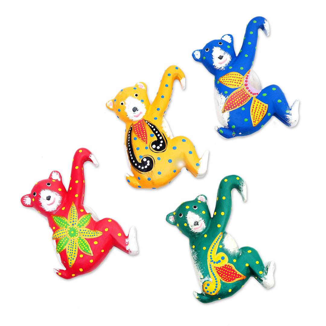Set of 4 Hand-Painted Tropical Albesia Wood Bear Ornaments - Island Bears