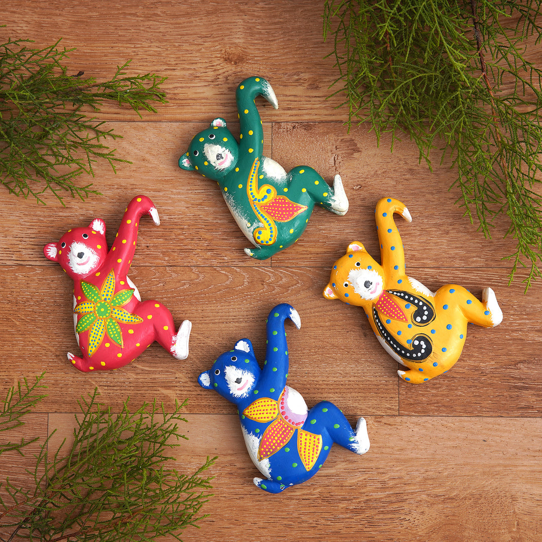 Set of 4 Hand-Painted Tropical Albesia Wood Bear Ornaments - Island Bears
