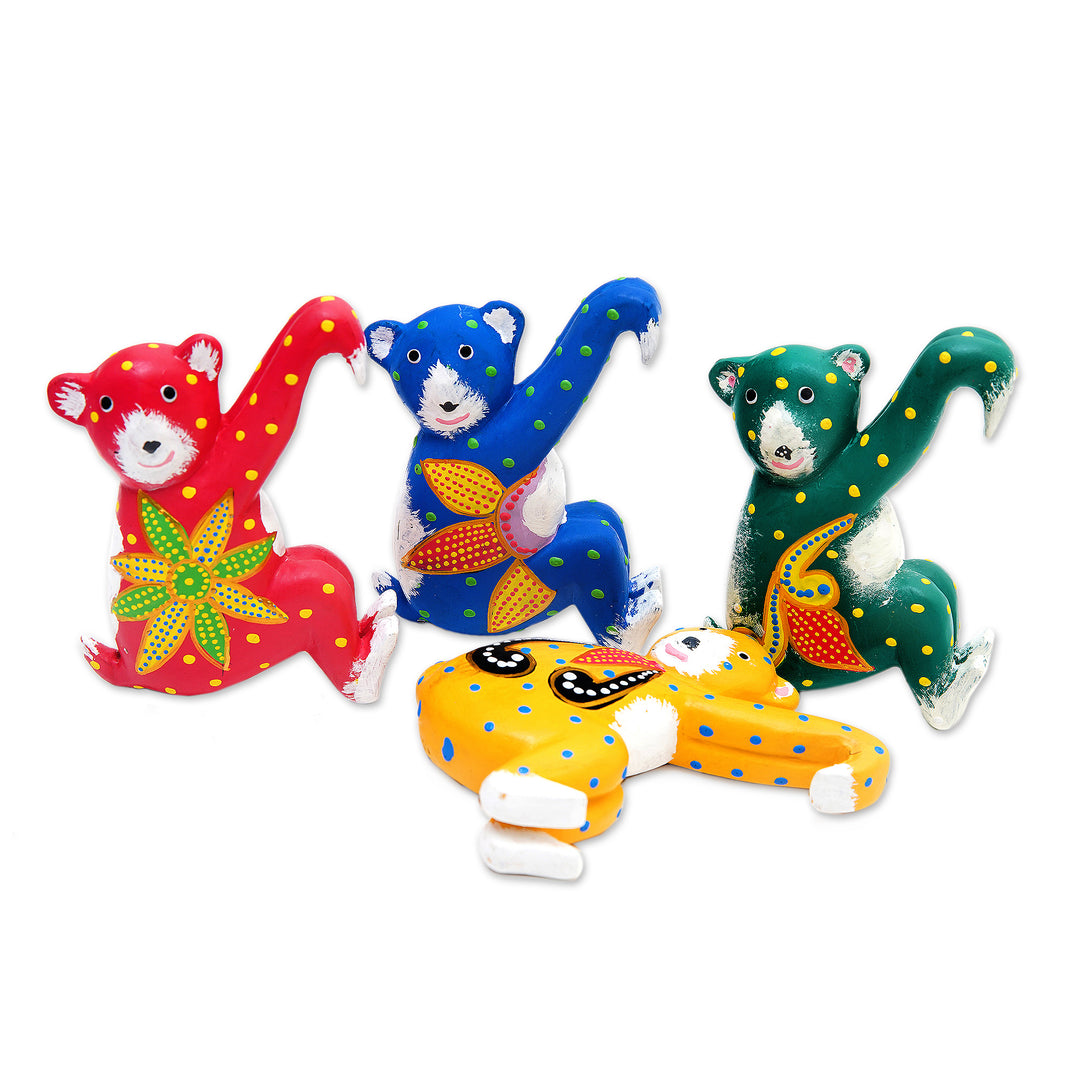 Set of 4 Hand-Painted Tropical Albesia Wood Bear Ornaments - Island Bears