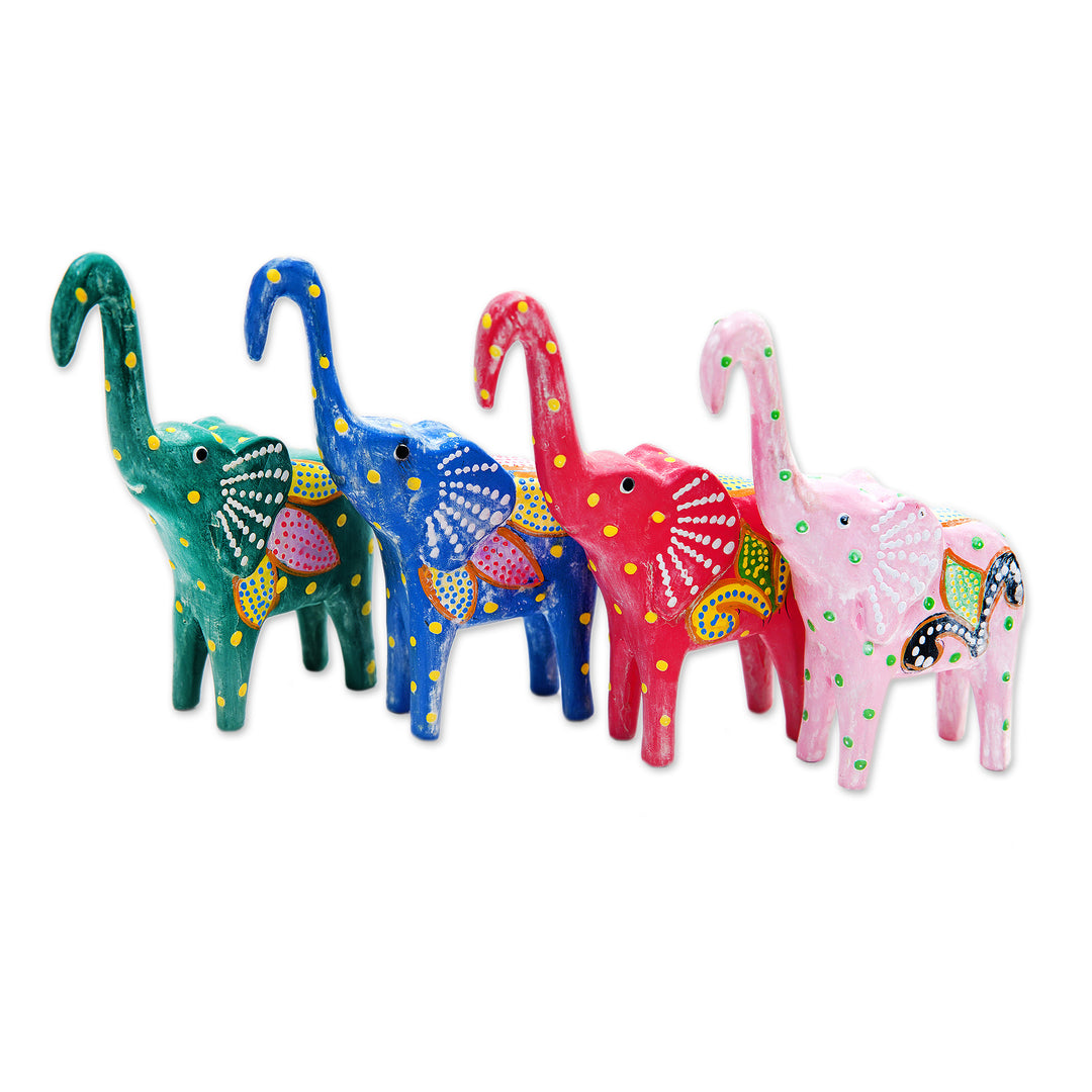 Set of 4 Painted Tropical Albesia Wood Elephant Ornaments - Cheerful Elephants