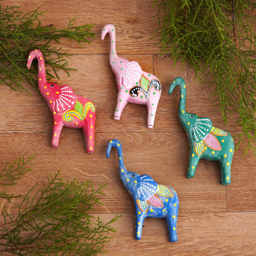 Set of 4 Painted Tropical Albesia Wood Elephant Ornaments - Cheerful Elephants
