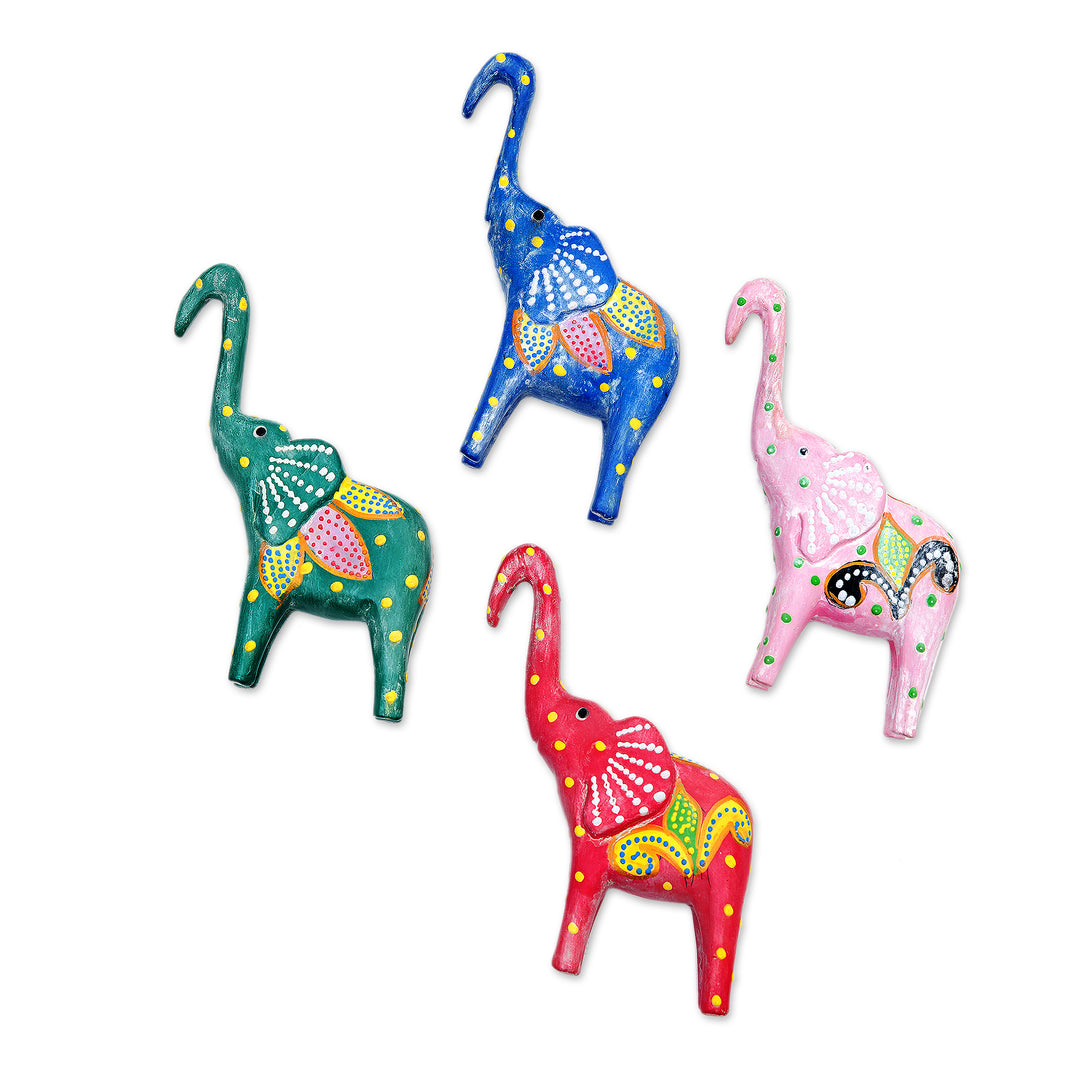 Set of 4 Painted Tropical Albesia Wood Elephant Ornaments - Cheerful Elephants