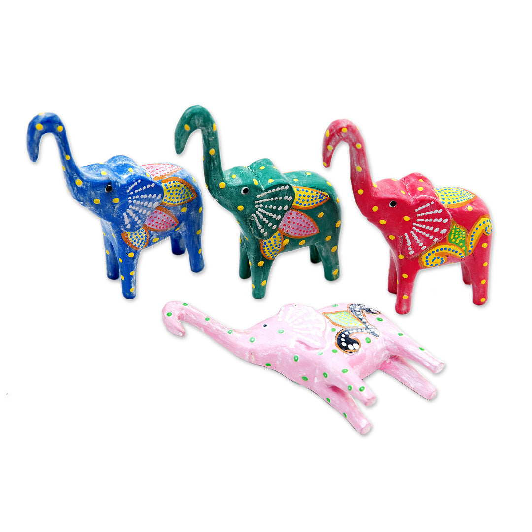 Set of 4 Painted Tropical Albesia Wood Elephant Ornaments - Cheerful Elephants